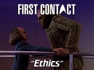 Alexander helps Worf try to walk using some bars. The background has been edited purple and there is the title First Contact at the top and the episode titla "Ethics" at the bottom.